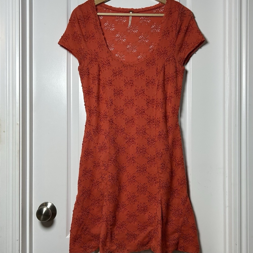 Free People Rust Medallion Fit and Flare Mini Dress 70s Boho Tomato Girl Style